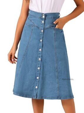 A-Line Button Down Midi Denim Skirt High Rise Casual Jean Skirt
